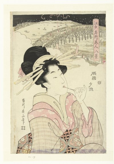 Kveldsglød på Ryogoku Ryogoku no sekisho (tittel på objekt) Åtte ansikter av kjente steder og skjønnheter i Edo (serietittel) Edo meisho bijin hakkei (serietittel) av Kikugawa Eizan