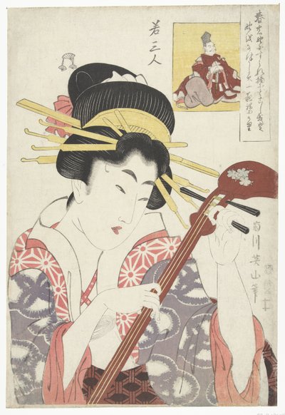 Kvinne med shamisen Tre unge poeter (serietittel) Waka sanjin (serietittel på objekt) av Kikugawa Eizan