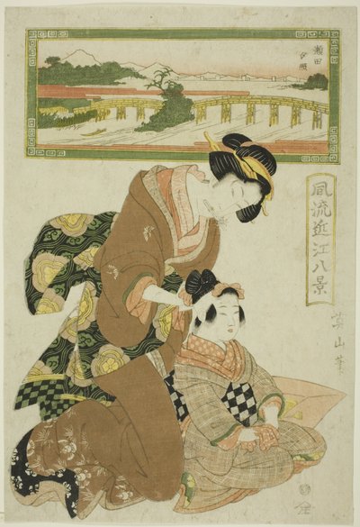 Evening Glow at Seta (Seta sekisho), fra serien "Fashionable Eight Views of Omi (Furyu Omi hakkei)" av Kikukawa Eizan