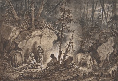 Jegere hviler i en skog om natten, 1830-60. av Kilian Christoffer Zoll