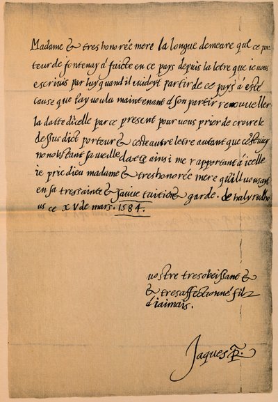 Brev fra kong James VI 1566-1625 til hans mor, dronning Mary 1542-1587, 1584-5 av King James I