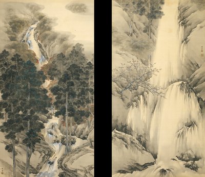 Foss om vår og høst Sett med to hengende ruller, 1893 av Kishi Chikudo