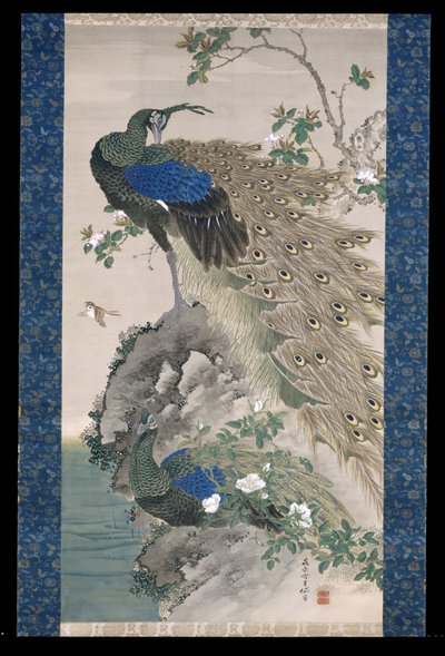 Cherry-Apple And Peacocks On Rock (blekk og farger på silke) av Kishi Ganku