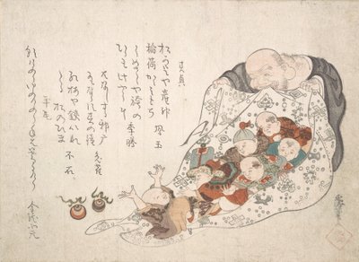 Hotei åpner posen sin som er full av små gutter, ca. tidlig på 1800-tallet. av Kita Busei
