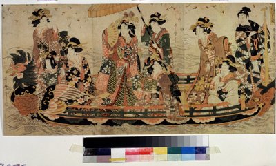 Beundre kirsebærblomstene (Hanami) (Cherry Blossom Viewing, Hanami). Trykk av Kitagawa Utamaro II (?-1831). Fargeetsing, 37 x 76 cm. Østlig kunst. Pushkin-museet, Moskva av Kitagawa II Utamaro