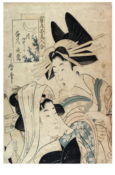 Moon fra serien Snow, Moon and Flowers sammenlignet med Beautiful Women av Kitagawa II Utamaro