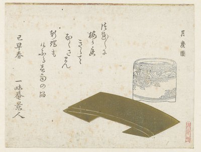 En porselensgryte og brettet papir av Kitagawa Tsukimaro