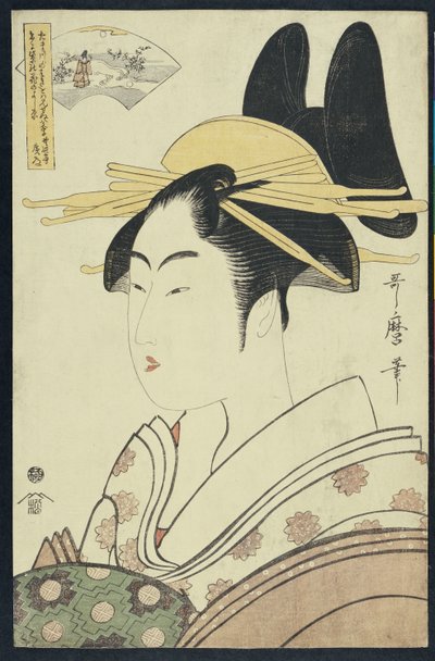 Et Okubi-E-portrett av en kurtisane som representerer Hagi- eller Noki-elven av Kitagawa Utamaro