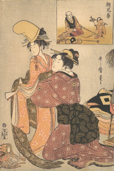 En kvinne som kler en jente for en Kabuki-dans «Musume Dojoji..., ca. 1795-96. av Kitagawa Utamaro
