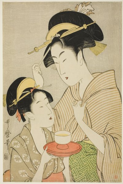En ung jente som tilbyr te til en annen kvinne av Kitagawa Utamaro