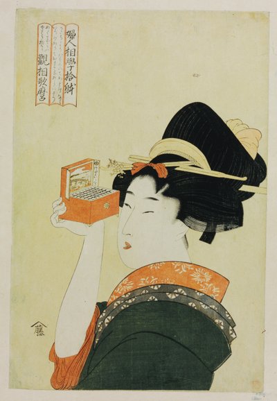 En ung jente som ser gjennom en Nozoki Megane, "Magic Lantern", fra serien "Ten Forms of Feminine Physiognomies" av Kitagawa Utamaro