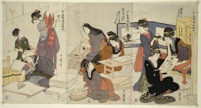 Artist, Block Carver, Applying Sizing, fra serien The Cultivation of Brocade Prints, A Famous Product of Edo, ca. 1803 av Kitagawa Utamaro