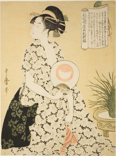 Beauty Wearing a Summer Kimono, fra serien "New Patterns of Brocade Woven in Utamaro Style" ("Nishiki-ori Utamaro-gata-shinmoyo") av Kitagawa Utamaro