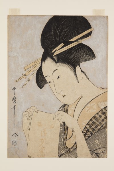 Skjønnhet med et håndkle (farget treblokktrykk) av Kitagawa Utamaro