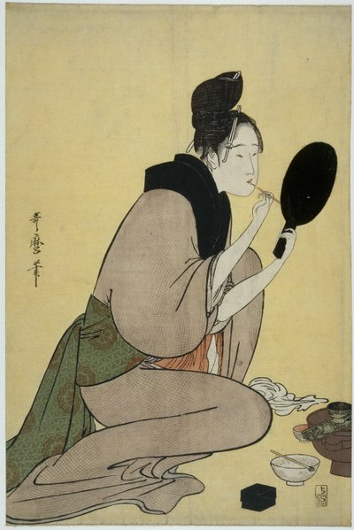 Bijin-ga. Jente som legger sminke på leppene av Kitagawa Utamaro