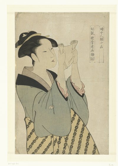 Kvinne som leser brev Ti aspekter ved kvinnelige ansiktstrekk (serietittel) Fujo ninso juppin (serietittel på objekt) av Kitagawa Utamaro