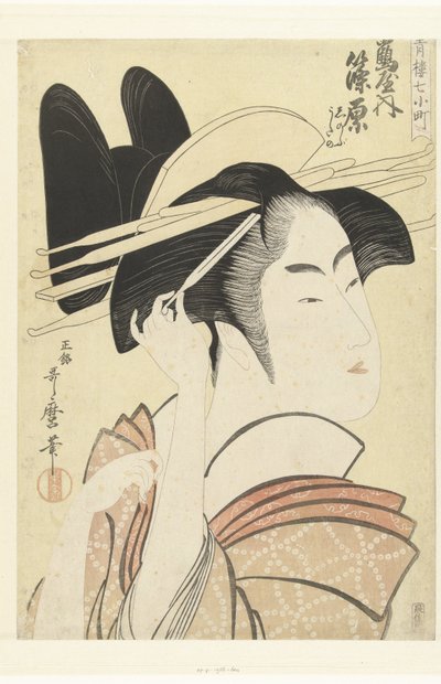 Bysteportrett av kurtisanen Shinowara fra Tsuruya-huset. Tsuruya uchi Shinowara (tittel på objekt) De syv Komachi fra lysthusene (serietittel) Seiro nana Komachi (serietittel på objekt) av Kitagawa Utamaro