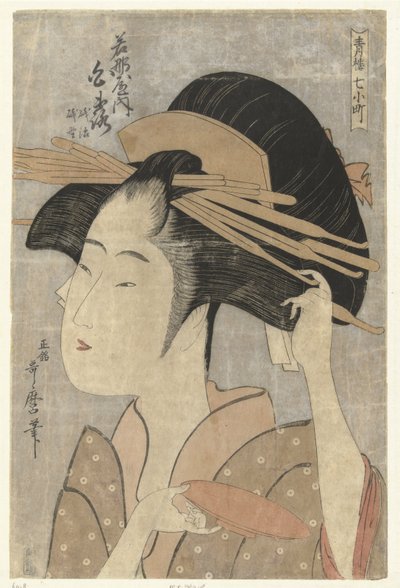 Bysteportrett av kurtisanen Shiratsuya fra Wakanaya-huset. Wakanaya uchi Shiratsuya (tittel på objekt) De syv Komachi fra lysthusene (serietittel) Seiro nana Komachi (serietittel på objekt) av Kitagawa Utamaro