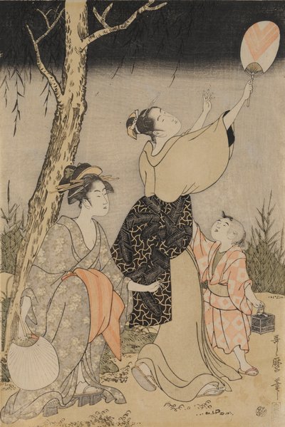 Å fange ildfluer under et piletre (til venstre) av Kitagawa Utamaro
