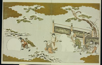 Barn som lager snøshishi og ruller en snøball, fra "The Silver World" av Kitagawa Utamaro