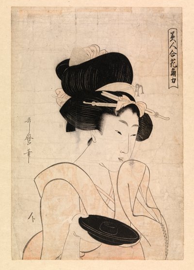 Courtesane holder en sakekopp, ca. 1790-1806 (fargetresnitt) av Kitagawa Utamaro