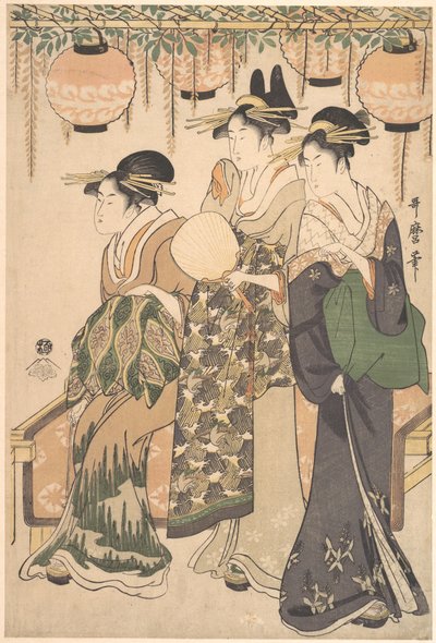 Kurtisaner under en blåregnspergola av Kitagawa Utamaro