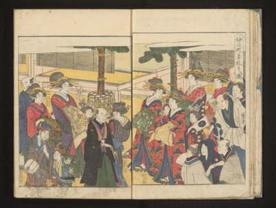 Kurtisaner og tilskuere under en nyttårsparade av Kitagawa Utamaro