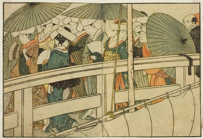 Crossing a Bridge in Summer, fra den illustrerte boken "Picture Book: Flowers of the Four Seasons (Ehon shiki no hana)," vol. 1 av Kitagawa Utamaro