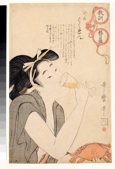 Skamløs kvinne som drikker et glass vin - Serien ""Gjennom foreldrenes moraliserende glass"" om utdanning - Trykk av Kitagawa Utamaro (1753-1806) av Kitagawa Utamaro