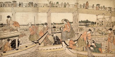 Fiskebåter med garn under Ryogoku-broen, 1790-tallet. av Kitagawa Utamaro