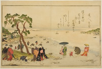 Samler skjell ved lavvann, fra den illustrerte boken "Gaver fra Ebb Tide (Shiohi no tsuto)" av Kitagawa Utamaro