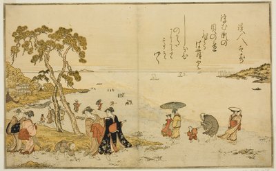Samler skjell ved lavvann, fra den illustrerte boken "Gaver fra Ebb Tide (Shiohi no tsuto)" av Kitagawa Utamaro