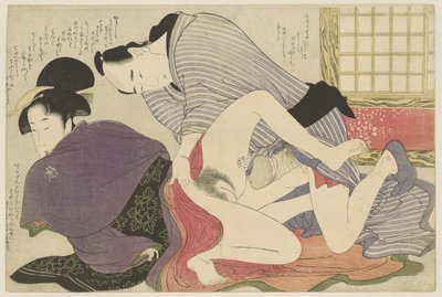 Geisha og elsker ved frittstående foldeskjerm Negai no itoguchi (serietittel) av Kitagawa Utamaro
