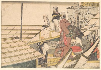 Jenter som går om bord i en båt, fra den illustrerte boken Årstidenes blomster av Kitagawa Utamaro
