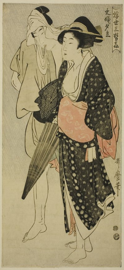 Ektemann og kone fanget i en kveldsdusj (Fufu no Yudachi), fra serien "Three Evening Pleasures of the Floating World" ("Ukiyo San Seki") av Kitagawa Utamaro