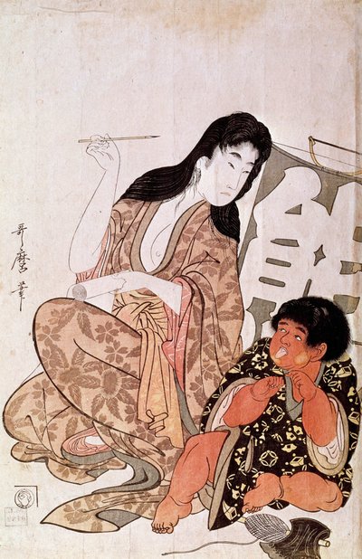 Kintaro og Yamauba kalligraf, serie: Yamauba og Kintaro japansk trykk av Utamaro Kitagawa (1753-1806). Sol. 0,38x0,26 m. 1790-1806. Paris, Guimet-museet, Nasjonalmuseet for asiatisk kunst av Kitagawa Utamaro