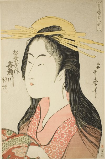 Kisegawa fra Matsubaya, [hvis ledsagere er] Sasano, Takeno (Matsubaya uchi Kisegawa, Sasano, Takeno), fra serien "Seven Komachi of Yoshiwara" ("Seiro nana Komachi") av Kitagawa Utamaro