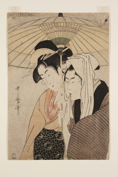 Mann og kvinne under en paraply (farget treblokktrykk) av Kitagawa Utamaro