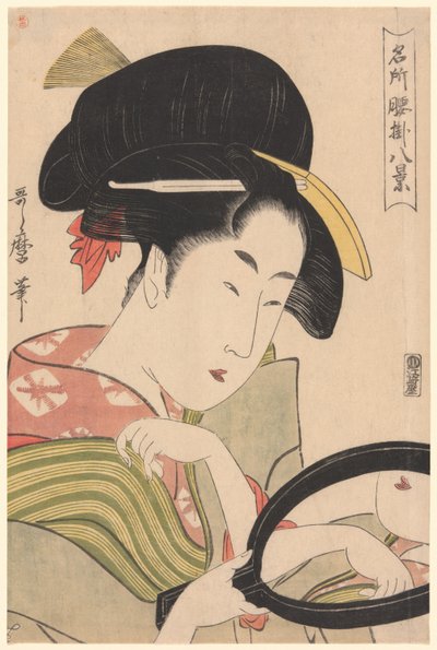 Mirror, fra serien "Eight Views of Tea-stalls in Celebrated Places" ("Meisho koshikake hakkei") av Kitagawa Utamaro