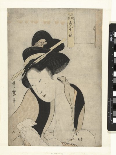 Mor med barn ved brystet Tolv kjennetegn ved skjønnheter og kjente landskap (serietittel) Meisho fukei bijin juniso (serietittel på objekt) av Kitagawa Utamaro