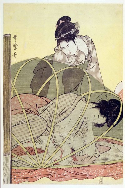 Mother Nursing Baby under myggnettet par Utamaro, Kitagawa (1753-1806), ca. 1795 - Fargetresnitt, 37,6x24,6 - Privat samling av Kitagawa Utamaro