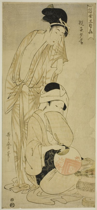 Mother and Child at Dusk (Oyako yugure), fra serien "Three Evening Pleasure of the Floating World (Ukiyo san seki)" av Kitagawa Utamaro