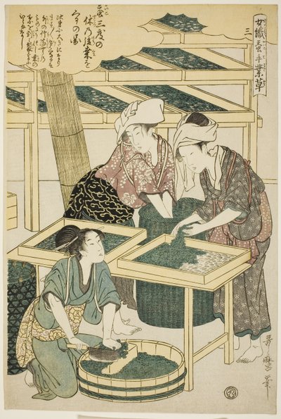 nr. 3 (san), fra serien "Women Engaged in the Sericulture Industry (Joshoku kaiko tewaza-gusa)" av Kitagawa Utamaro