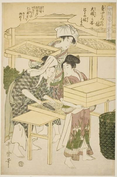 nr. 4 (shi), fra serien "Women Engaged in the Sericulture Industry (Joshoku kaiko tewaza-gusa)" av Kitagawa Utamaro