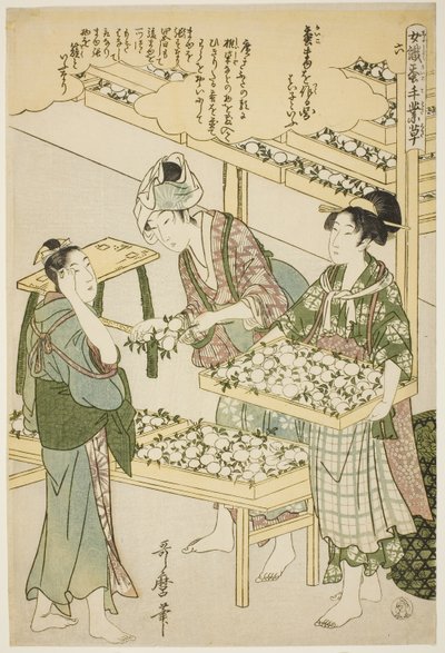 nr. 6 (roku), fra serien "Women Engaged in the Sericulture Industry (Joshoku kaiko tewaza-gusa)" av Kitagawa Utamaro