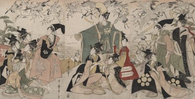 Parodi på Yoritomo som slipper traner fri (Mitate Yoritomo hōkaku) av Kitagawa Utamaro