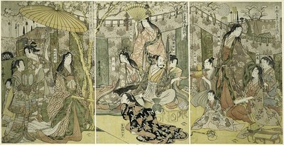 Dag C F Hideyoshi Plan D Utgifter Fem koner som ser på Chery Bosso MS på Higashiyama av Kitagawa Utamaro