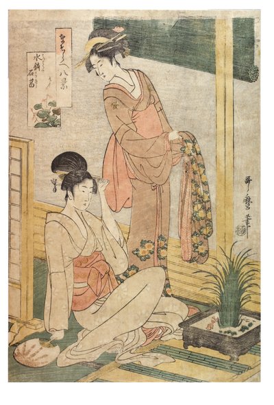 Sweetflag og steiner i et basseng med vann fra serien Imitations of the Eight Views, ca. 1797-1798 (treblokktrykk på papir) av Kitagawa Utamaro