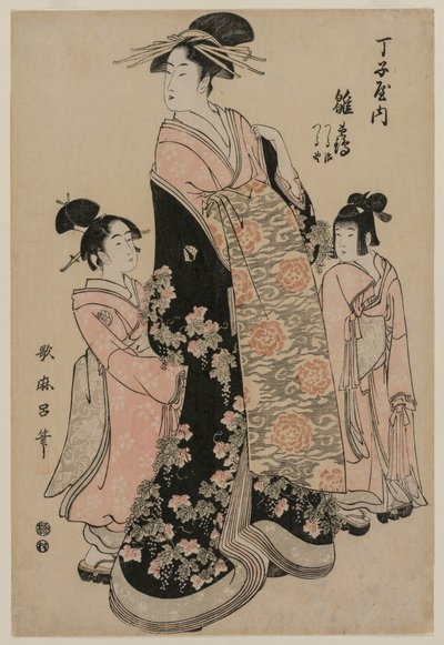 Te-san, Mr. Hinatsuru, når det er på tide å gå med det, Ah, Tendans, Tsurujis idé, Tsuruno av Kitagawa Utamaro