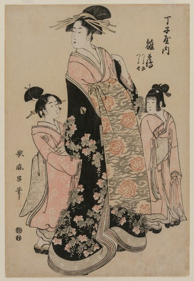 Kurtisanen Hinazuru fra Chojiya med hennes ledsagere Tsuruji og Tsuruno, ca. 1794. av Kitagawa Utamaro